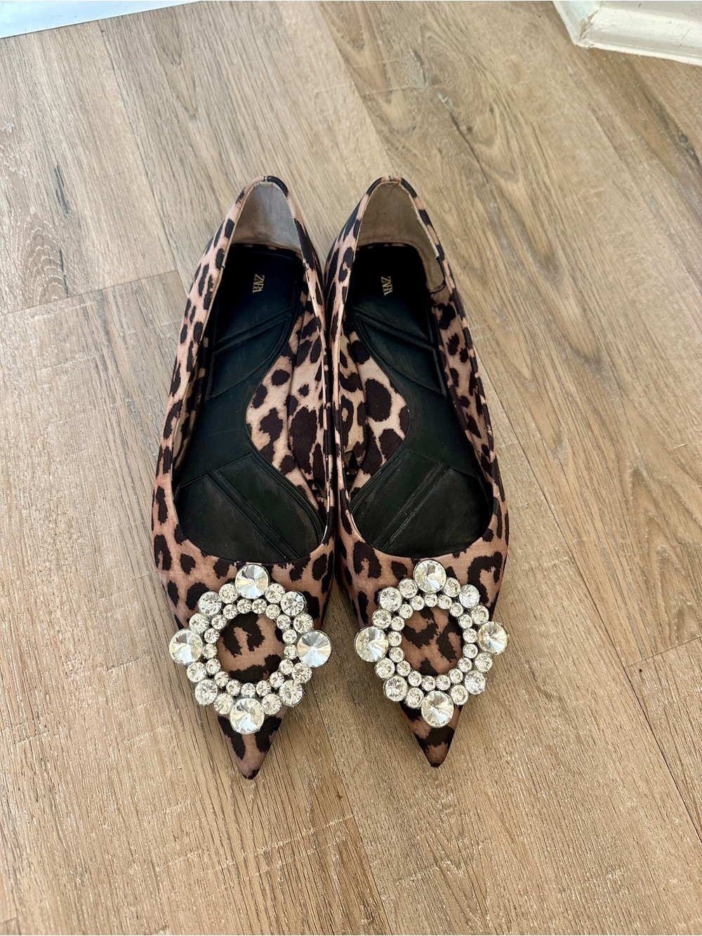 Zara Leopard Print Pointed Flats with Crystal Circle Buckles - Picture 2 of 8